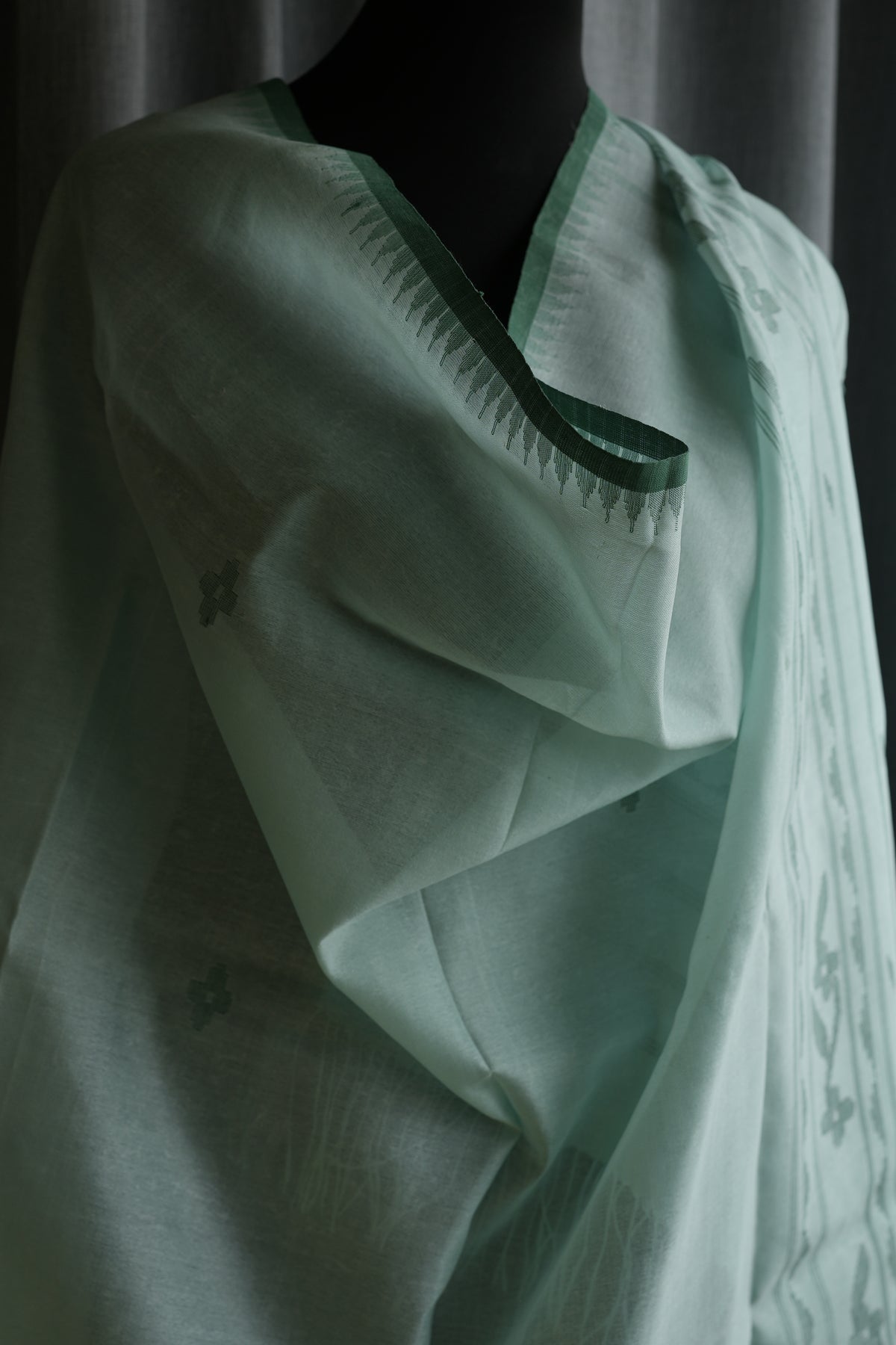Teal green handwoven cotton Moirang Phee dupatta